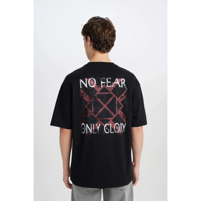 Defacto B8091 Siyah Vikings Valhalla Boxy Fit Bisiklet Yaka Baskılı Kısa Kollu Tişört