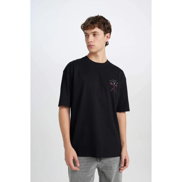 Defacto B8091 Siyah Vikings Valhalla Boxy Fit Bisiklet Yaka Baskılı Kısa Kollu Tişört