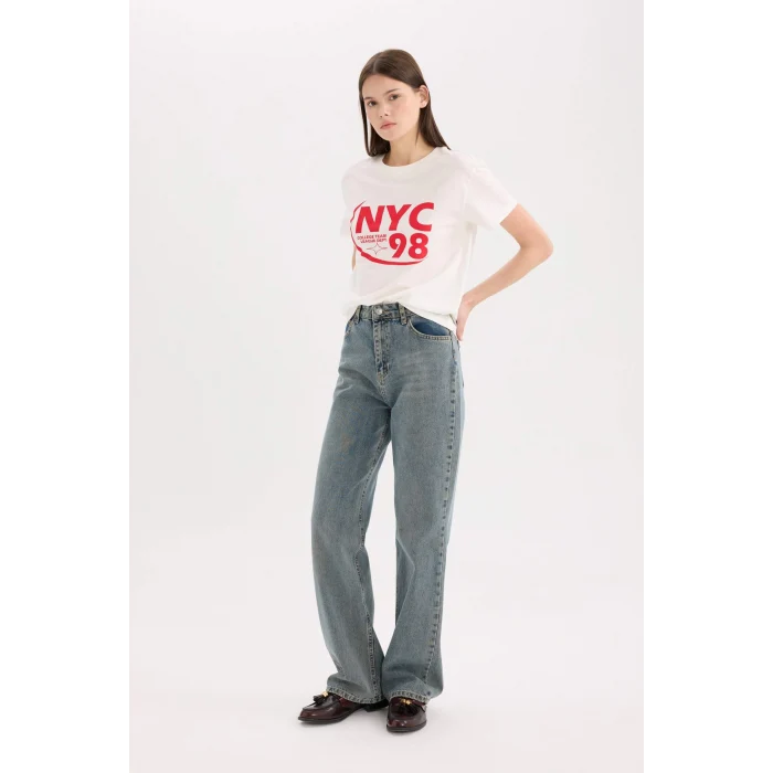 Defacto D6617 Mavi 90s Wide Leg Yüksek Bel Uzun Jean Yıkamalı Pantolon