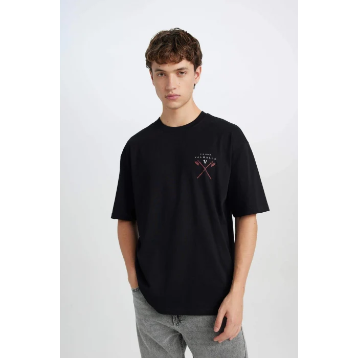 Defacto B8091 Siyah Vikings Valhalla Boxy Fit Bisiklet Yaka Baskılı Kısa Kollu Tişört