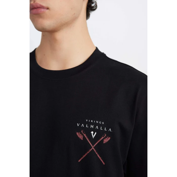 Defacto B8091 Siyah Vikings Valhalla Boxy Fit Bisiklet Yaka Baskılı Kısa Kollu Tişört