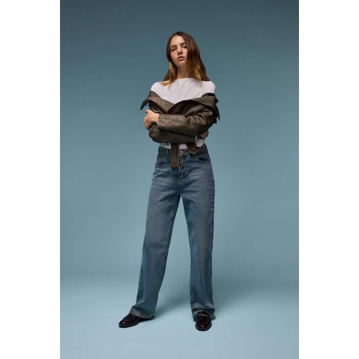 Defacto D6617 Mavi 90s Wide Leg Yüksek Bel Uzun Jean Yıkamalı Pantolon