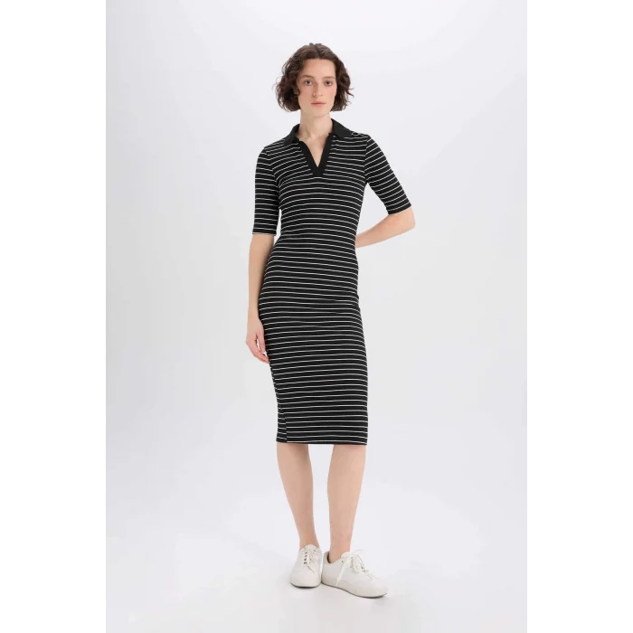 Defacto E6792 Siyah Bodycon Vücudu Saran Polo Yaka Fitilli Kaşkorse Kısa Kollu Midi Elbise