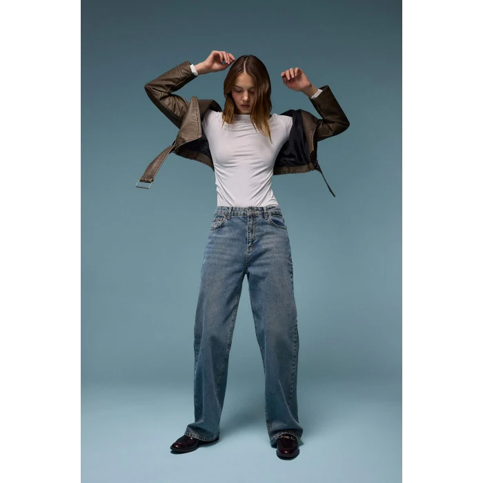 Defacto D6617 Mavi 90s Wide Leg Yüksek Bel Uzun Jean Yıkamalı Pantolon