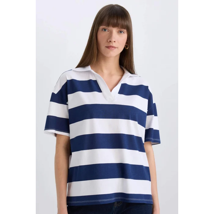 Defacto E2161 Lacivert Relax Fit Çizgilil Penye Kısa Kollu Polo Tişört