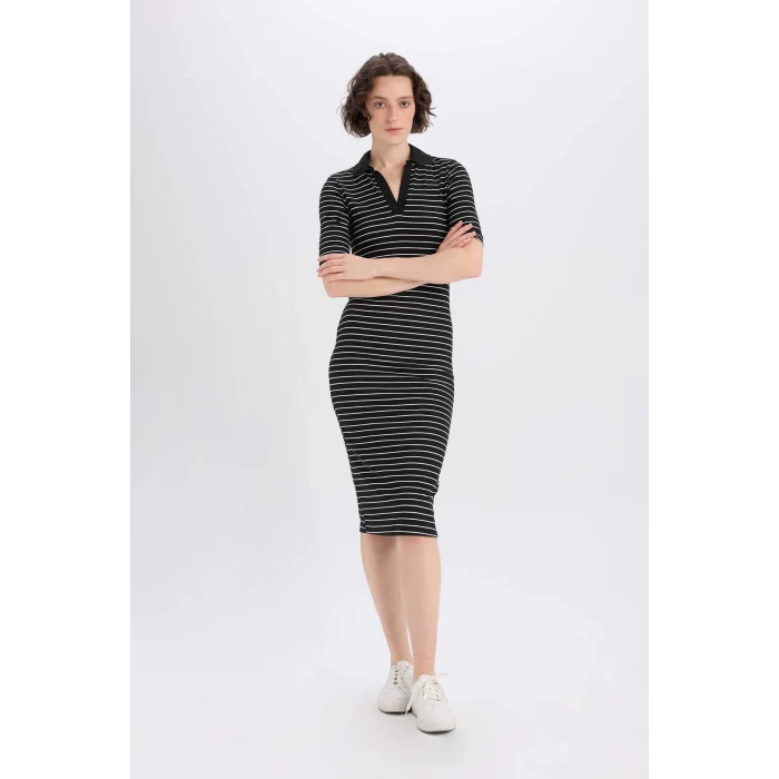 Defacto E6792 Siyah Bodycon Vücudu Saran Polo Yaka Fitilli Kaşkorse Kısa Kollu Midi Elbise