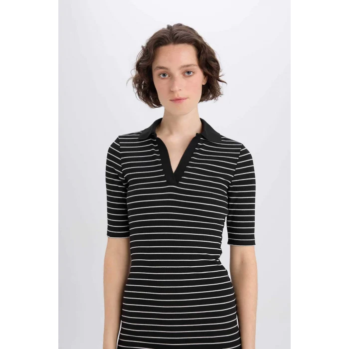 Defacto E6792 Siyah Bodycon Vücudu Saran Polo Yaka Fitilli Kaşkorse Kısa Kollu Midi Elbise
