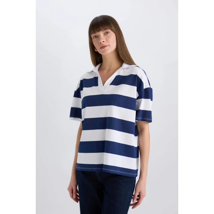 Defacto E2161 Lacivert Relax Fit Çizgilil Penye Kısa Kollu Polo Tişört