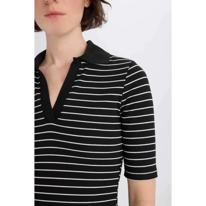 Defacto E6792 Siyah Bodycon Vücudu Saran Polo Yaka Fitilli Kaşkorse Kısa Kollu Midi Elbise