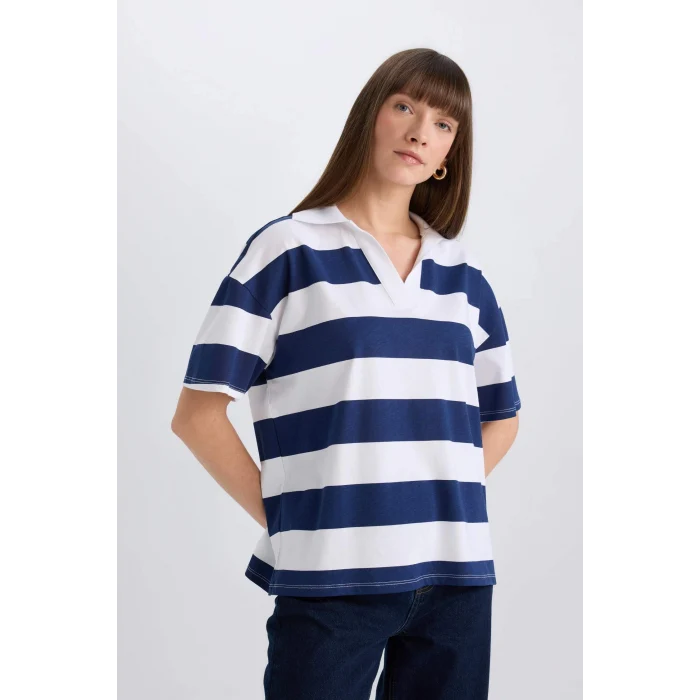 Defacto E2161 Lacivert Relax Fit Çizgilil Penye Kısa Kollu Polo Tişört