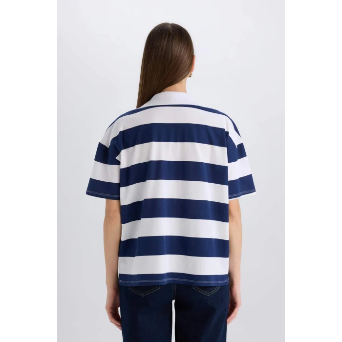 Defacto E2161 Lacivert Relax Fit Çizgilil Penye Kısa Kollu Polo Tişört