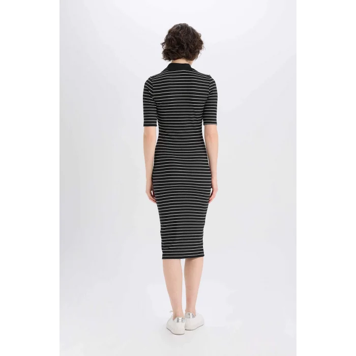Defacto E6792 Siyah Bodycon Vücudu Saran Polo Yaka Fitilli Kaşkorse Kısa Kollu Midi Elbise