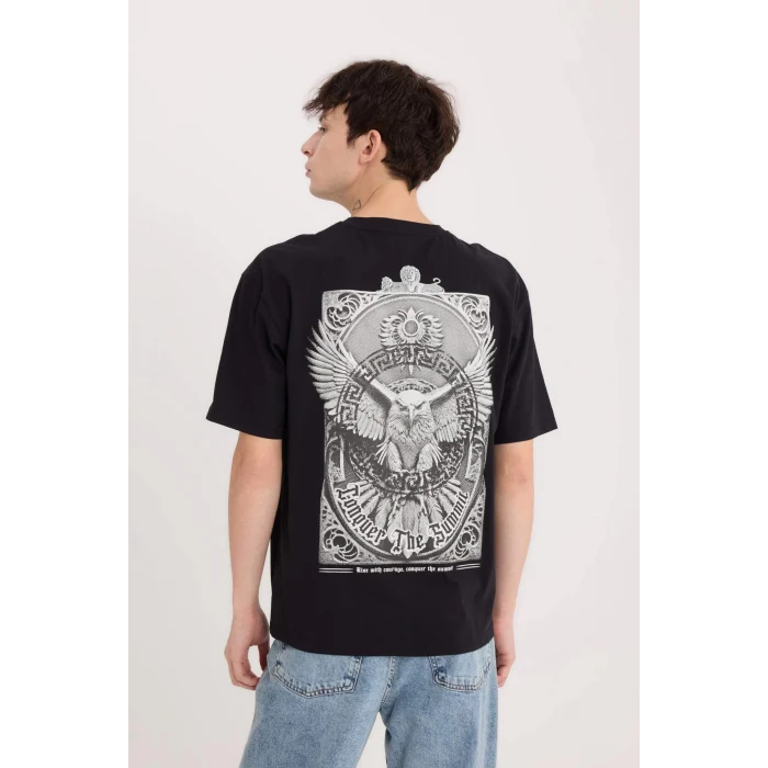 Defacto E1484 Siyah Boxy Fit Bisiklet Yaka Sırt Baskılı Kısa Kollu Tişört