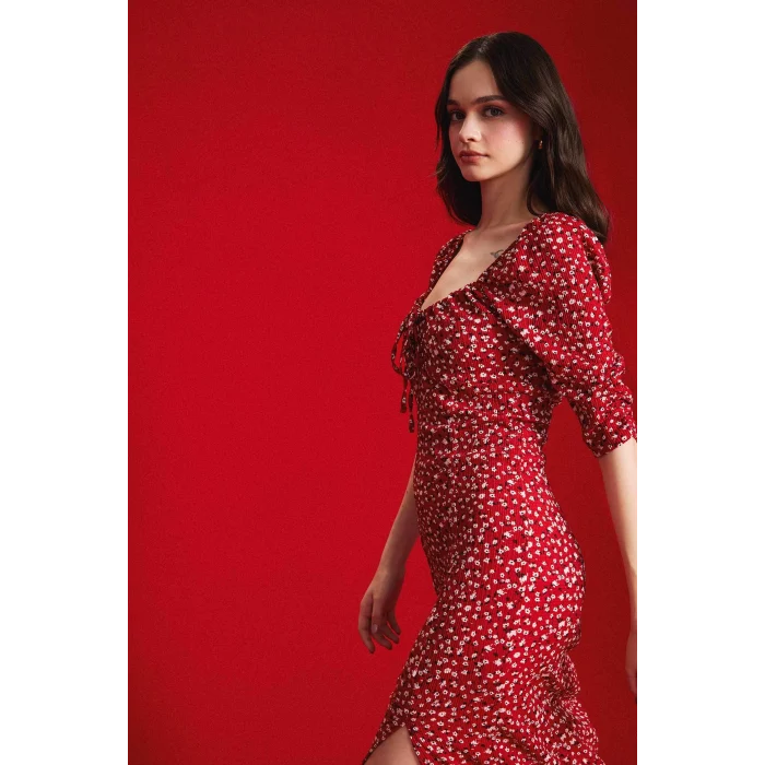 Defacto Z5262 Bordo Bodycon Vücudu Saran Kare Yaka Desenli Yırtmaçlı Bürümcük Yarım Kol Midi Elbise