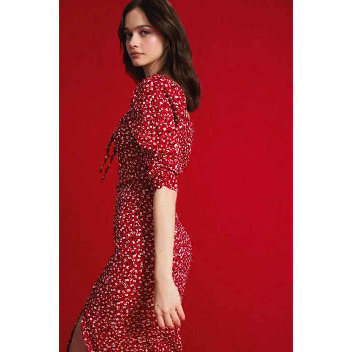 Defacto Z5262 Bordo Bodycon Vücudu Saran Kare Yaka Desenli Yırtmaçlı Bürümcük Yarım Kol Midi Elbise