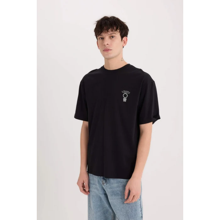 Defacto E1484 Siyah Boxy Fit Bisiklet Yaka Sırt Baskılı Kısa Kollu Tişört