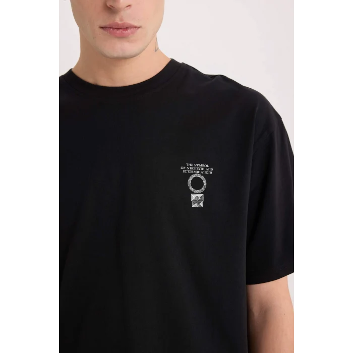 Defacto E1484 Siyah Boxy Fit Bisiklet Yaka Sırt Baskılı Kısa Kollu Tişört