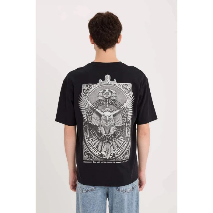 Defacto E1484 Siyah Boxy Fit Bisiklet Yaka Sırt Baskılı Kısa Kollu Tişört