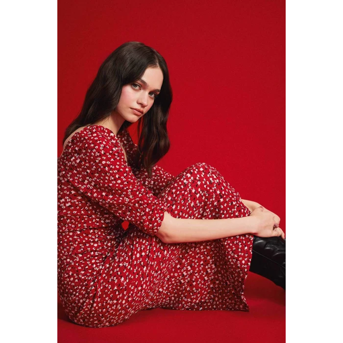 Defacto Z5262 Bordo Bodycon Vücudu Saran Kare Yaka Desenli Yırtmaçlı Bürümcük Yarım Kol Midi Elbise