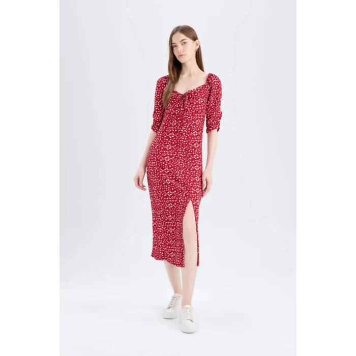 Defacto Z5262 Bordo Bodycon Vücudu Saran Kare Yaka Desenli Yırtmaçlı Bürümcük Yarım Kol Midi Elbise