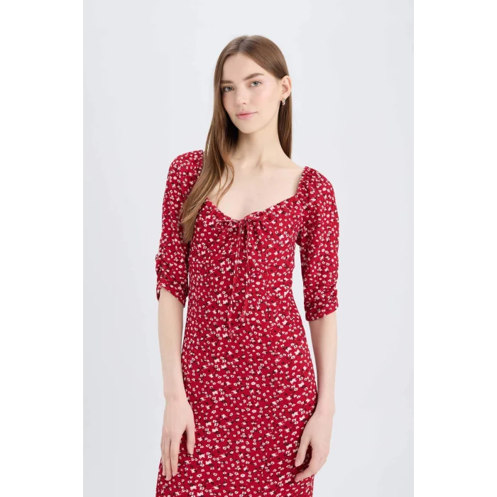 Defacto Z5262 Bordo Bodycon Vücudu Saran Kare Yaka Desenli Yırtmaçlı Bürümcük Yarım Kol Midi Elbise