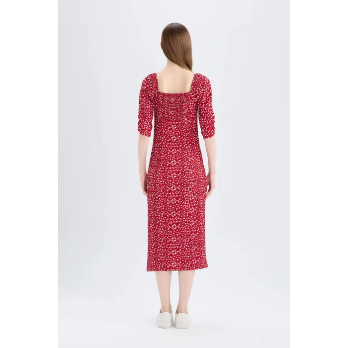 Defacto Z5262 Bordo Bodycon Vücudu Saran Kare Yaka Desenli Yırtmaçlı Bürümcük Yarım Kol Midi Elbise