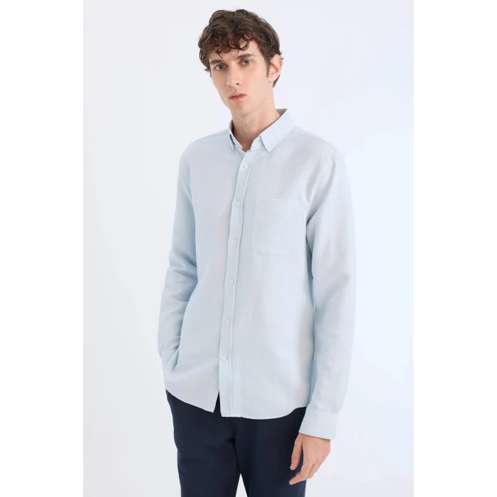 Defacto T2066 Mavi Slim Fit Dar Kesim Polo Yaka Dokulu Uzun Kollu Gömlek