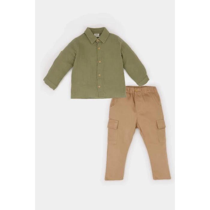 Defacto D9596 Haki Erkek Bebek 2li Takım Uzun Kollu Gömlek Beli Lastikli Kargo Cepli Pantolon