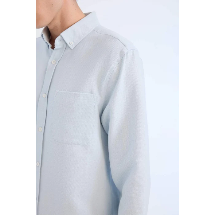 Defacto T2066 Mavi Slim Fit Dar Kesim Polo Yaka Dokulu Uzun Kollu Gömlek