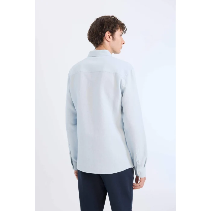 Defacto T2066 Mavi Slim Fit Dar Kesim Polo Yaka Dokulu Uzun Kollu Gömlek