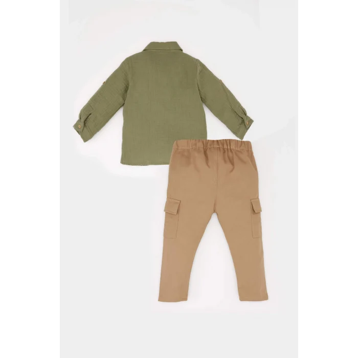 Defacto D9596 Haki Erkek Bebek 2li Takım Uzun Kollu Gömlek Beli Lastikli Kargo Cepli Pantolon