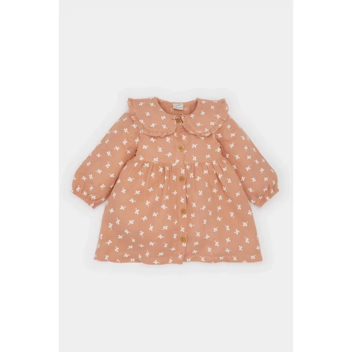 Defacto D9571 Kahve Kız Bebek Çiçekli Uzun Kollu Müslin Elbise