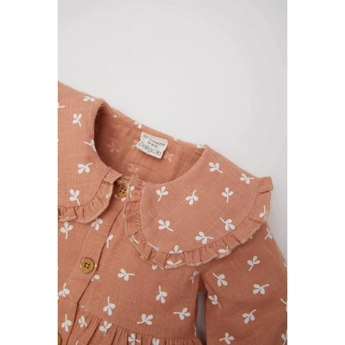 Defacto D9571 Kahve Kız Bebek Çiçekli Uzun Kollu Müslin Elbise
