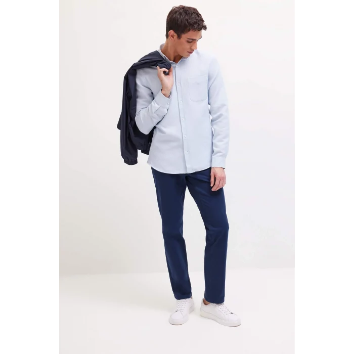 Defacto T2066 Mavi Slim Fit Dar Kesim Polo Yaka Dokulu Uzun Kollu Gömlek