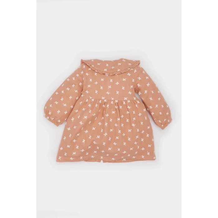 Defacto D9571 Kahve Kız Bebek Çiçekli Uzun Kollu Müslin Elbise