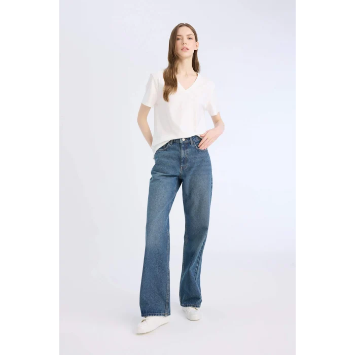 Defacto D7975 Mavi Straight Wide Yüksek Bel Geniş Paça Jean Kar Yıkamalı Pantolon