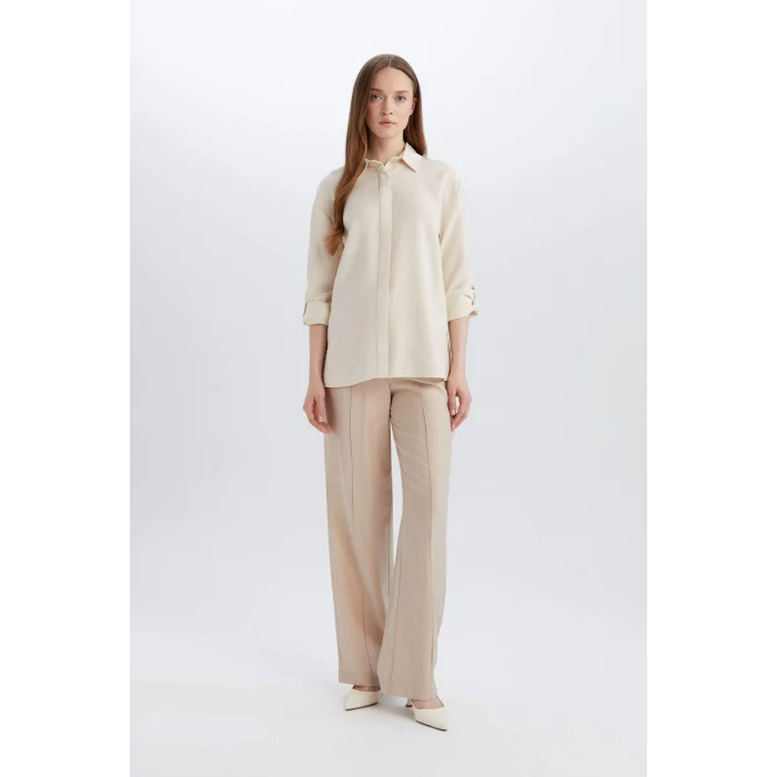 Defacto E0785 Ekru Regular Fit Basic Düz Uzun Kollu Gömlek Tunik
