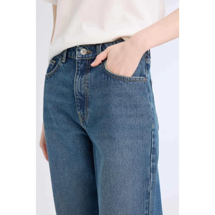 Defacto D7975 Mavi Straight Wide Yüksek Bel Geniş Paça Jean Kar Yıkamalı Pantolon