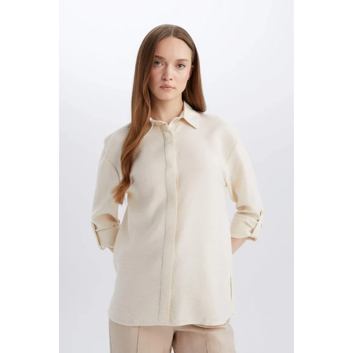 Defacto E0785 Ekru Regular Fit Basic Düz Uzun Kollu Gömlek Tunik