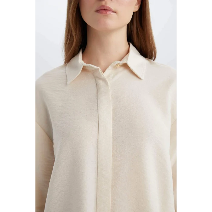 Defacto E0785 Ekru Regular Fit Basic Düz Uzun Kollu Gömlek Tunik