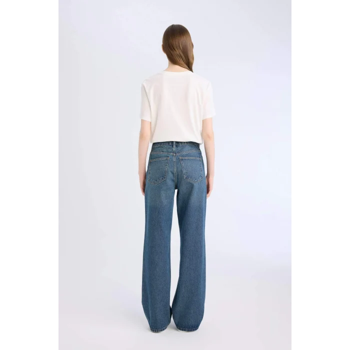 Defacto D7975 Mavi Straight Wide Yüksek Bel Geniş Paça Jean Kar Yıkamalı Pantolon