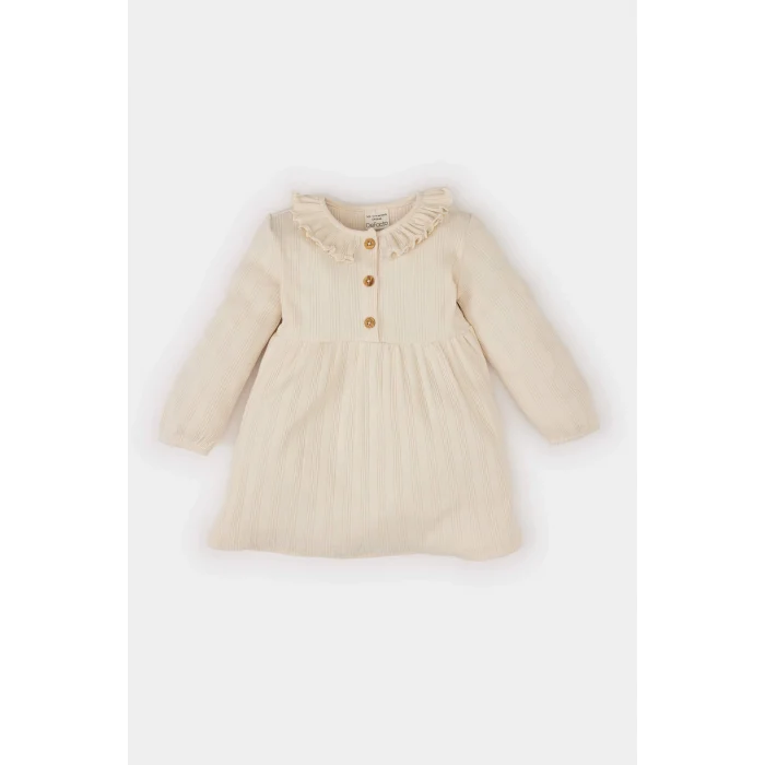 Defacto D9574 Ekru Kız Bebek Fırfırlı Yaka Uzun Kollu Fitilli Kaşkorse Elbise