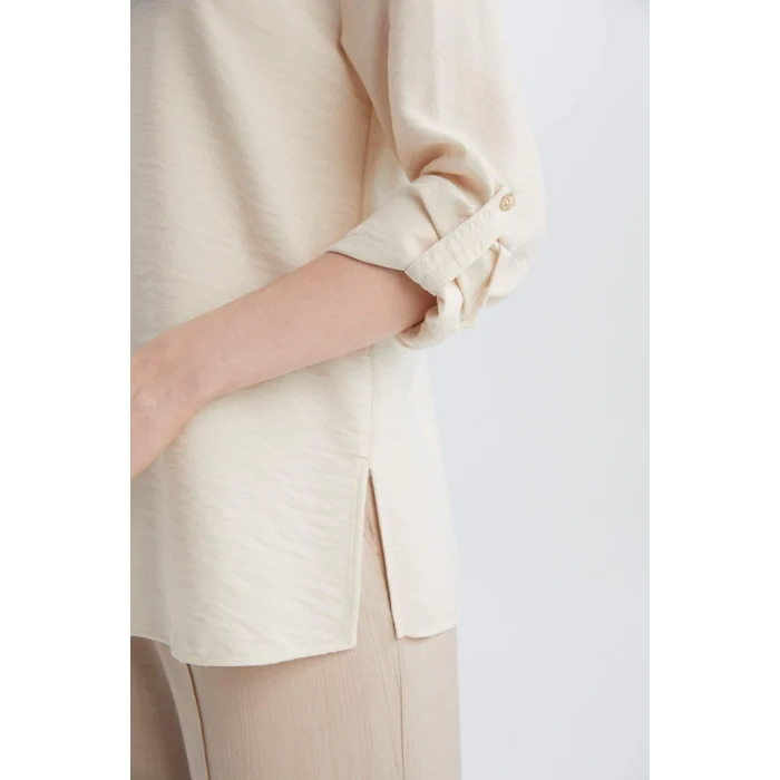 Defacto E0785 Ekru Regular Fit Basic Düz Uzun Kollu Gömlek Tunik