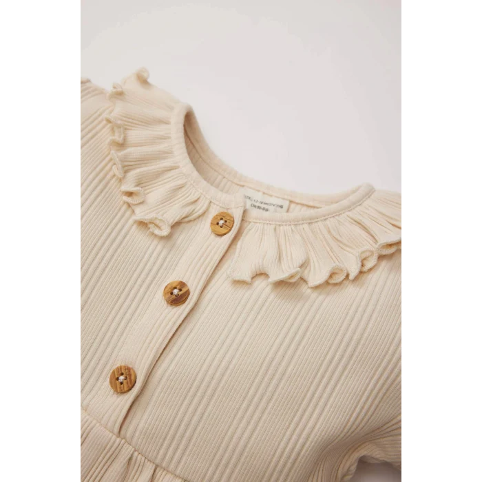 Defacto D9574 Ekru Kız Bebek Fırfırlı Yaka Uzun Kollu Fitilli Kaşkorse Elbise