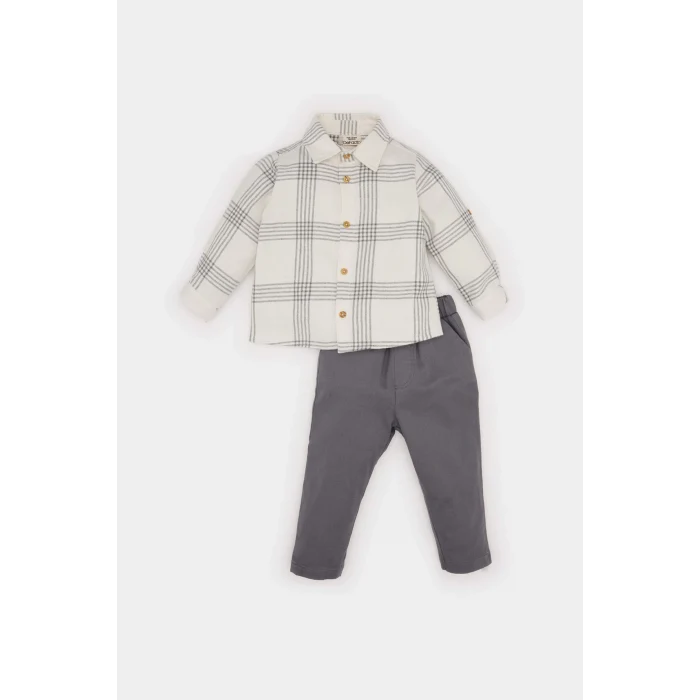 Defacto E0322 Gri Erkek Bebek 2li Takım Kareli Uzun Kollu Gömlek Beli Lastikli Pantolon