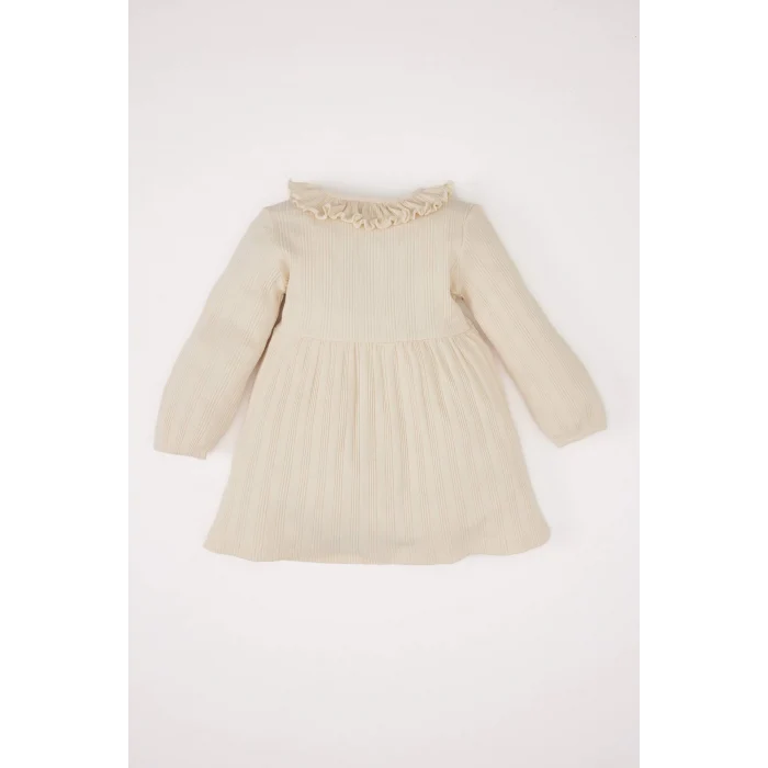 Defacto D9574 Ekru Kız Bebek Fırfırlı Yaka Uzun Kollu Fitilli Kaşkorse Elbise