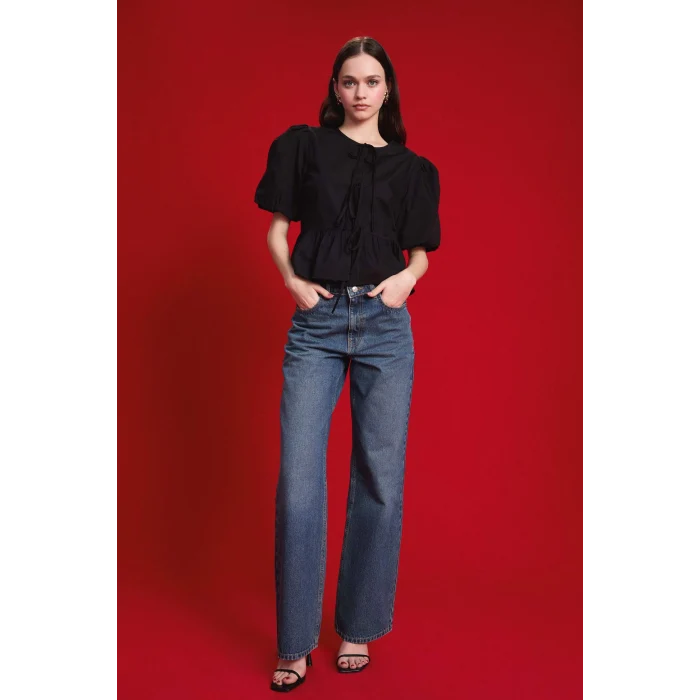 Defacto D7975 Mavi Straight Wide Yüksek Bel Geniş Paça Jean Kar Yıkamalı Pantolon