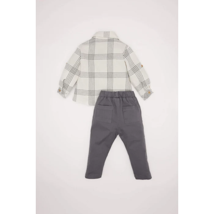 Defacto E0322 Gri Erkek Bebek 2li Takım Kareli Uzun Kollu Gömlek Beli Lastikli Pantolon