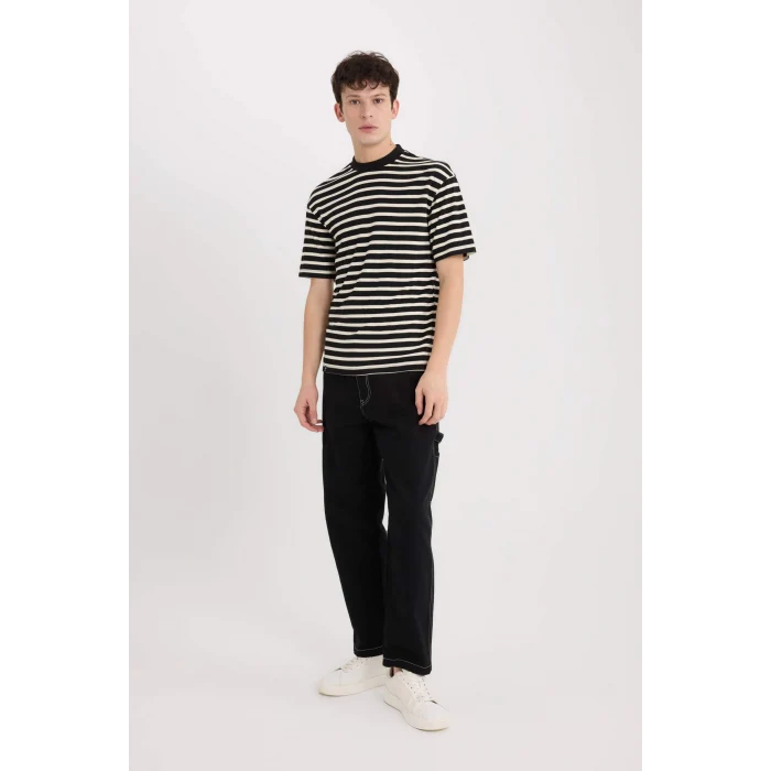 Defacto B5910 Siyah Boxy Fit Bisiklet Yaka Çizgili Kısa Kollu Ağır Kumaş Tişört