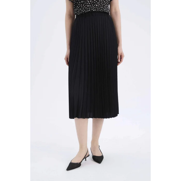 Defacto B9014 Siyah Esnek Belli Basic Düz Pilise Aerobin Midi Etek